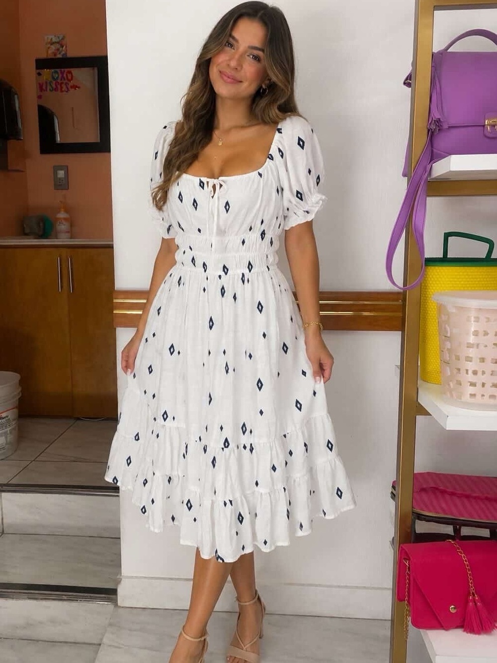White Diamond-Print Puff-Sleeve Midi Dress